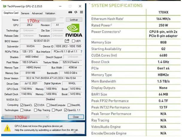 Bit X16 256 du CMP 170hx PCI Express 3,0 de 8GB 164mhs NVIDIA 0